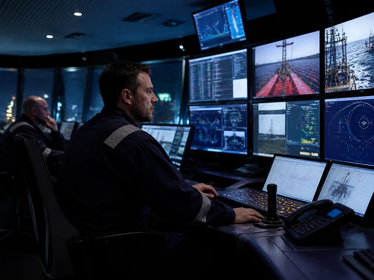 Engineers monitoring offshore production from a control room