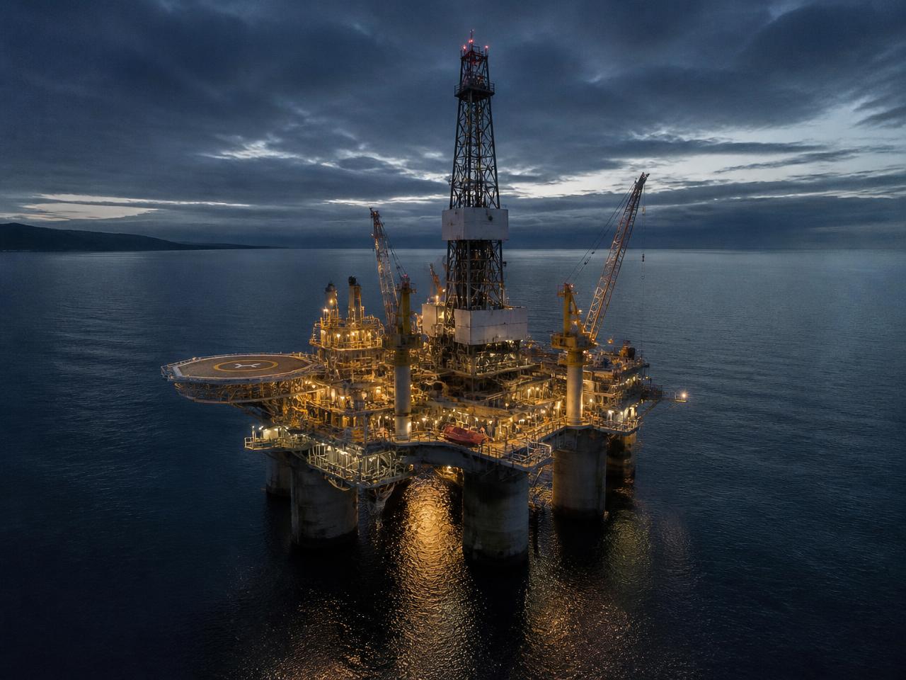 Offshore drilling platform lit at blue hour in the North Sea